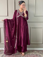 The52 Embroidered Vichitra Silk Fabric Straight Kurta, Pant and Dupatta Set - Distacart