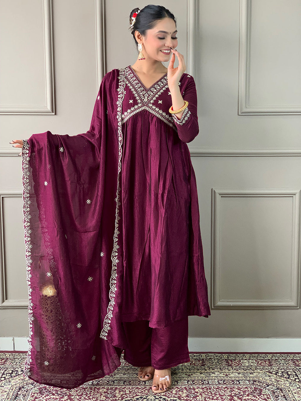 The52 Embroidered Vichitra Silk Fabric Straight Kurta, Pant and Dupatta Set - Distacart