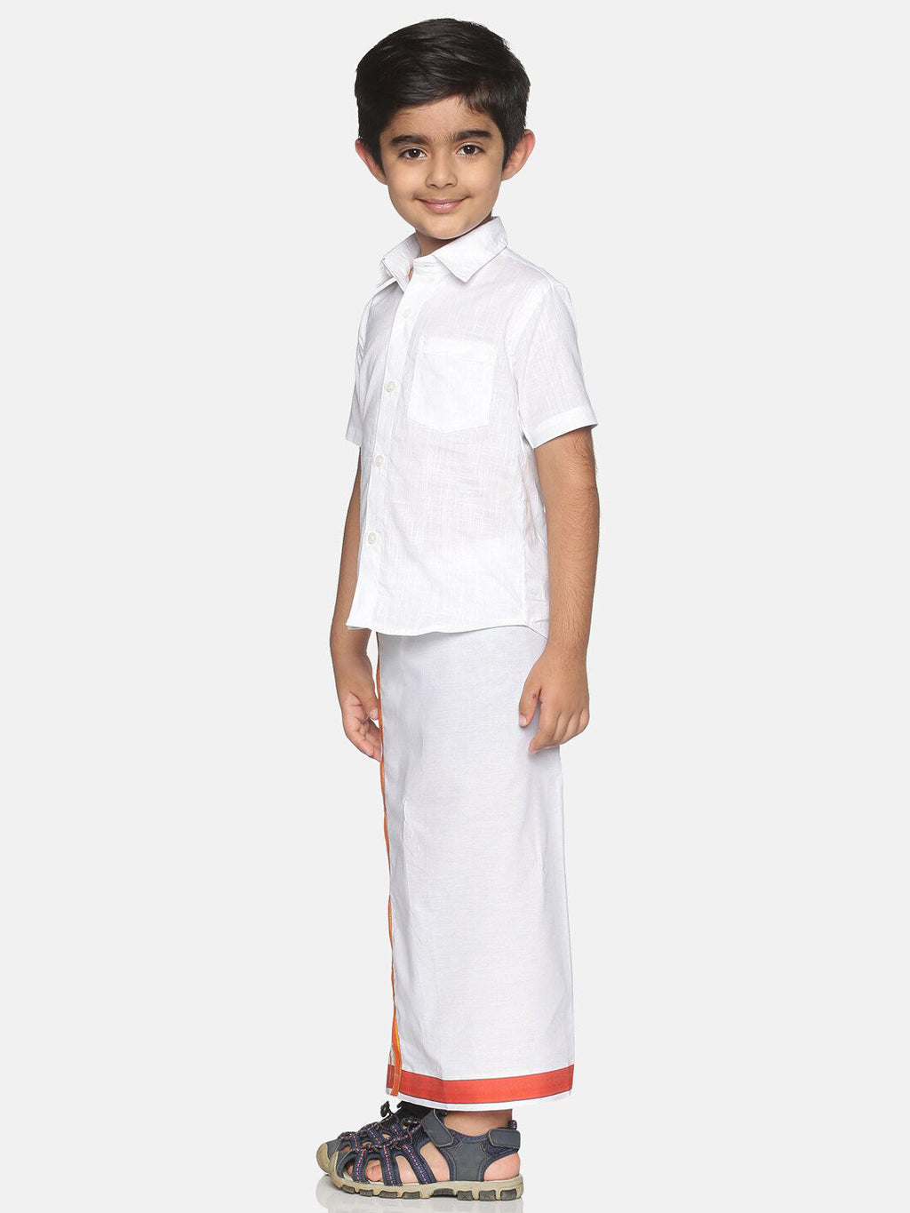 Sethukrishna Boys White Pure Cotton Solid Shirt and Veshti Set