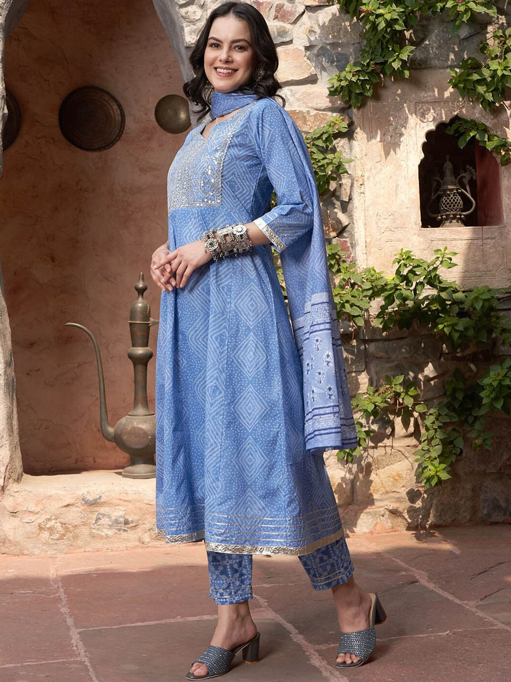 Sangria Blue Printed & Embroidered Pure Cotton A-Line Kurta With Trouser & Dupatta