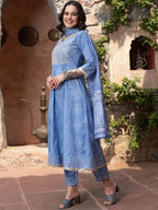 Sangria Blue Printed & Embroidered Pure Cotton A-Line Kurta With Trouser & Dupatta