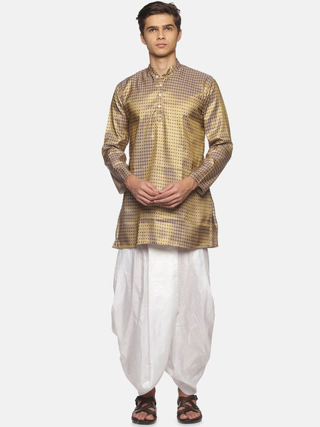 Sethukrishna Men Gold-Toned Bandhani Printed Art Silk Kurta with Dhoti Pants