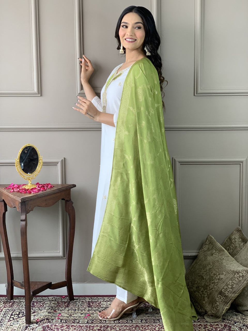 The52 White Embroidered Viscose Blend Fabric Straight Kurta, Pant and Dupatta Set - Distacart
