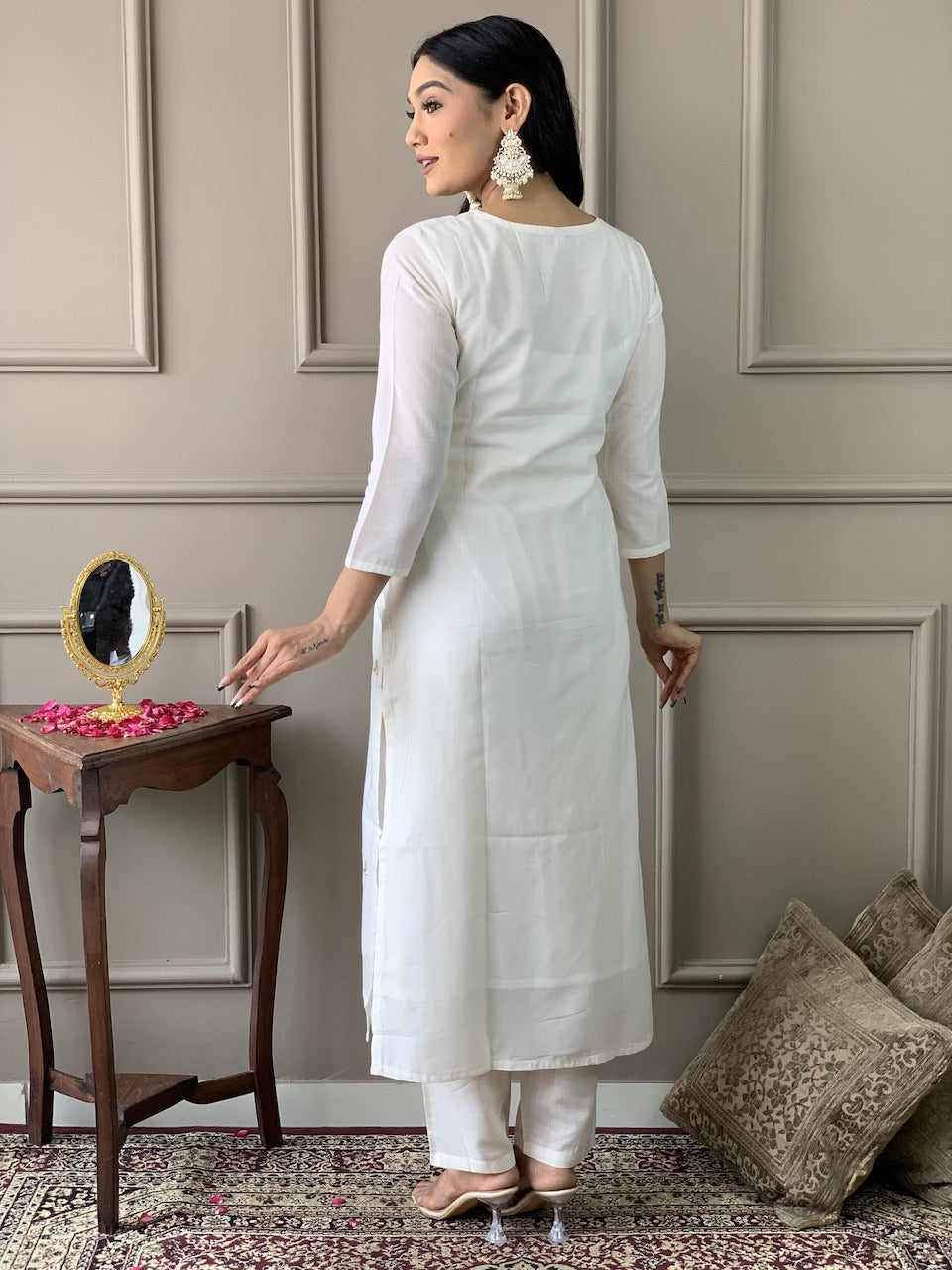 The52 White Embroidered Viscose Blend Fabric Straight Kurta, Pant and Dupatta Set - Distacart