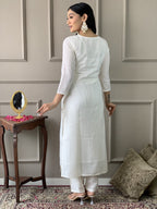The52 White Embroidered Viscose Blend Fabric Straight Kurta, Pant and Dupatta Set - Distacart