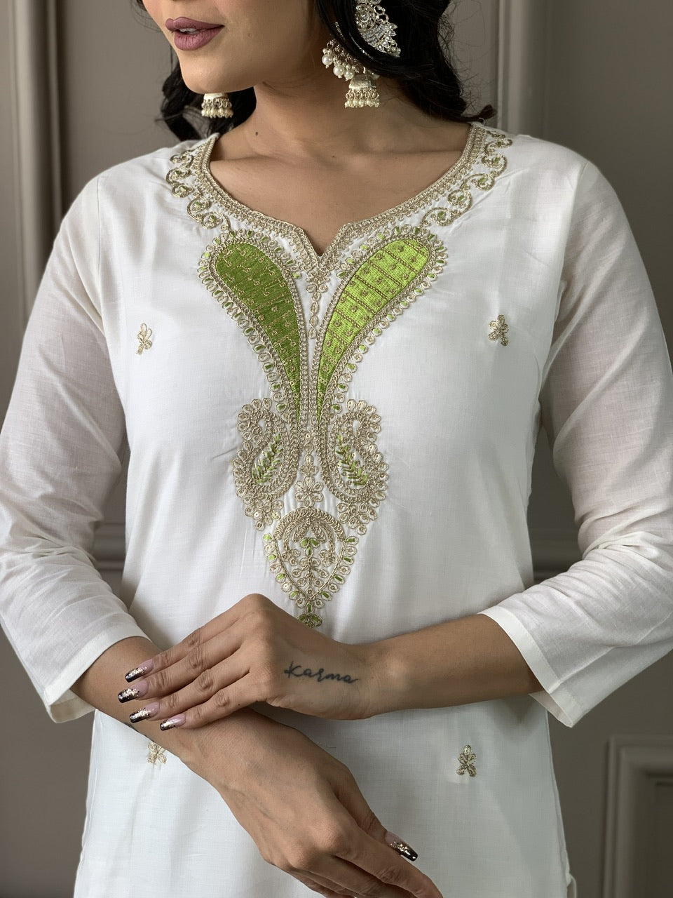 The52 White Embroidered Viscose Blend Fabric Straight Kurta, Pant and Dupatta Set - Distacart