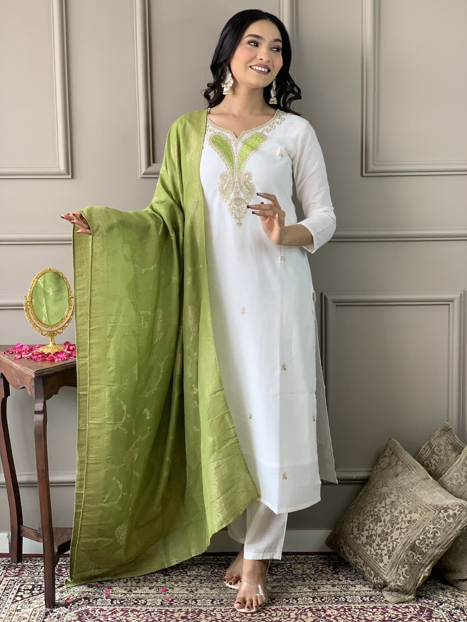 The52 White Embroidered Viscose Blend Fabric Straight Kurta, Pant and Dupatta Set - Distacart