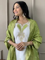 The52 White Embroidered Viscose Blend Fabric Straight Kurta, Pant and Dupatta Set - Distacart