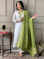 The52 White Embroidered Viscose Blend Fabric Straight Kurta, Pant and Dupatta Set - Distacart
