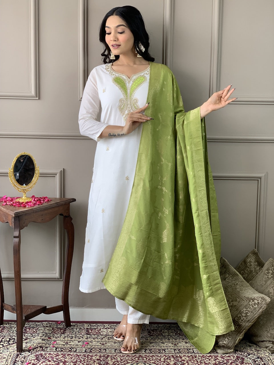 The52 White Embroidered Viscose Blend Fabric Straight Kurta, Pant and Dupatta Set - Distacart