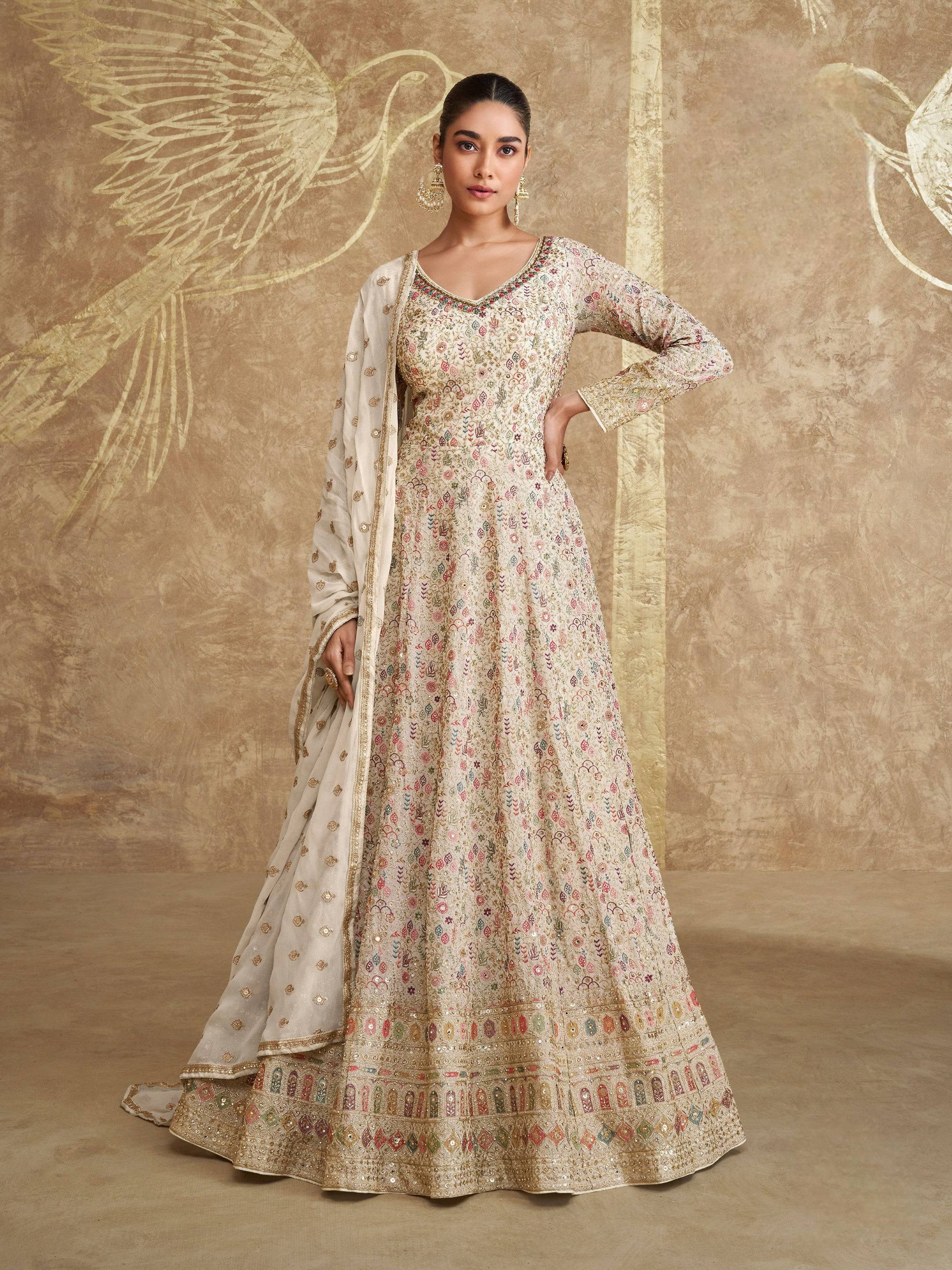 Anaita White Real Georgette Sequins Embroidered Anarkali Salwar Suit - Distacart
