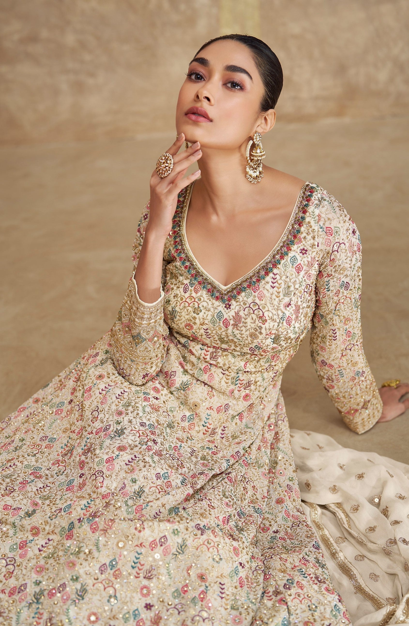 Anaita White Real Georgette Sequins Embroidered Anarkali Salwar Suit - Distacart