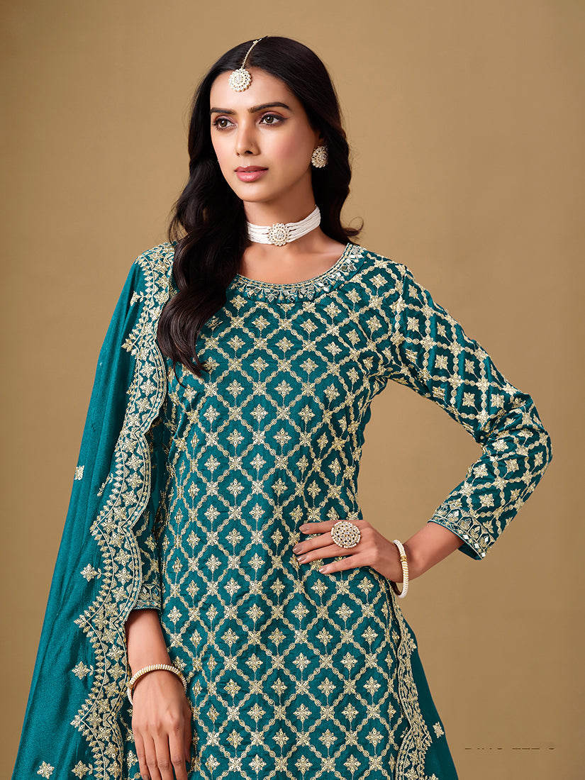 Monjolika Fashion Jacquard Work Dola Teal Readymade Lehenga Choli