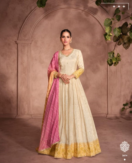 Anaita Off White & Yellow Viscose Shimmer Embroidered Readymade Anarkali Suit