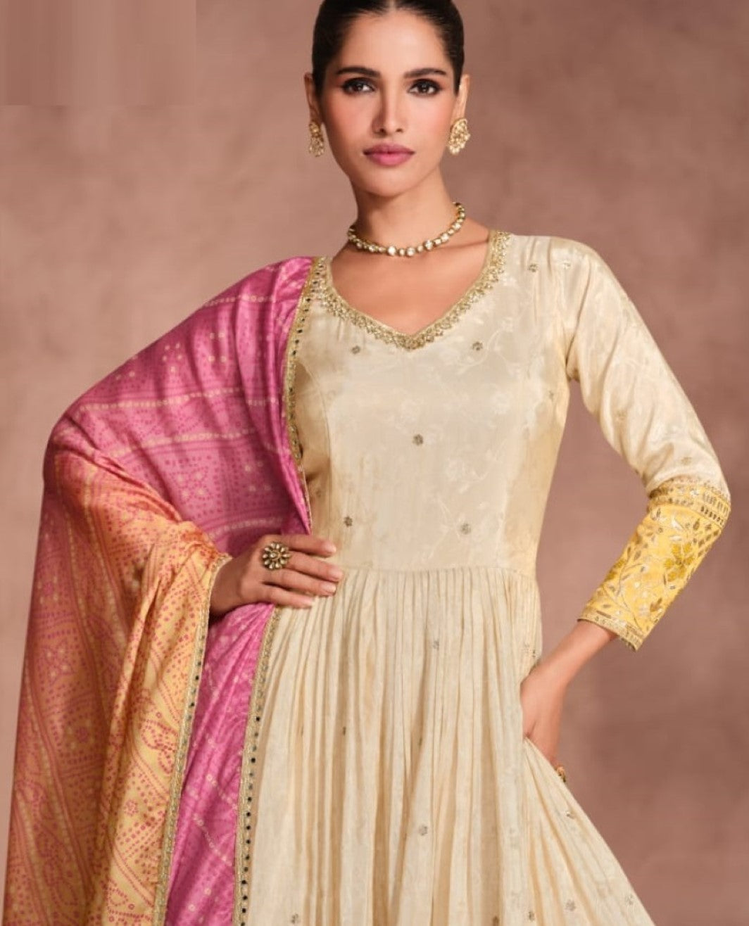 Anaita Off White & Yellow Viscose Shimmer Embroidered Readymade Anarkali Suit - Distacart