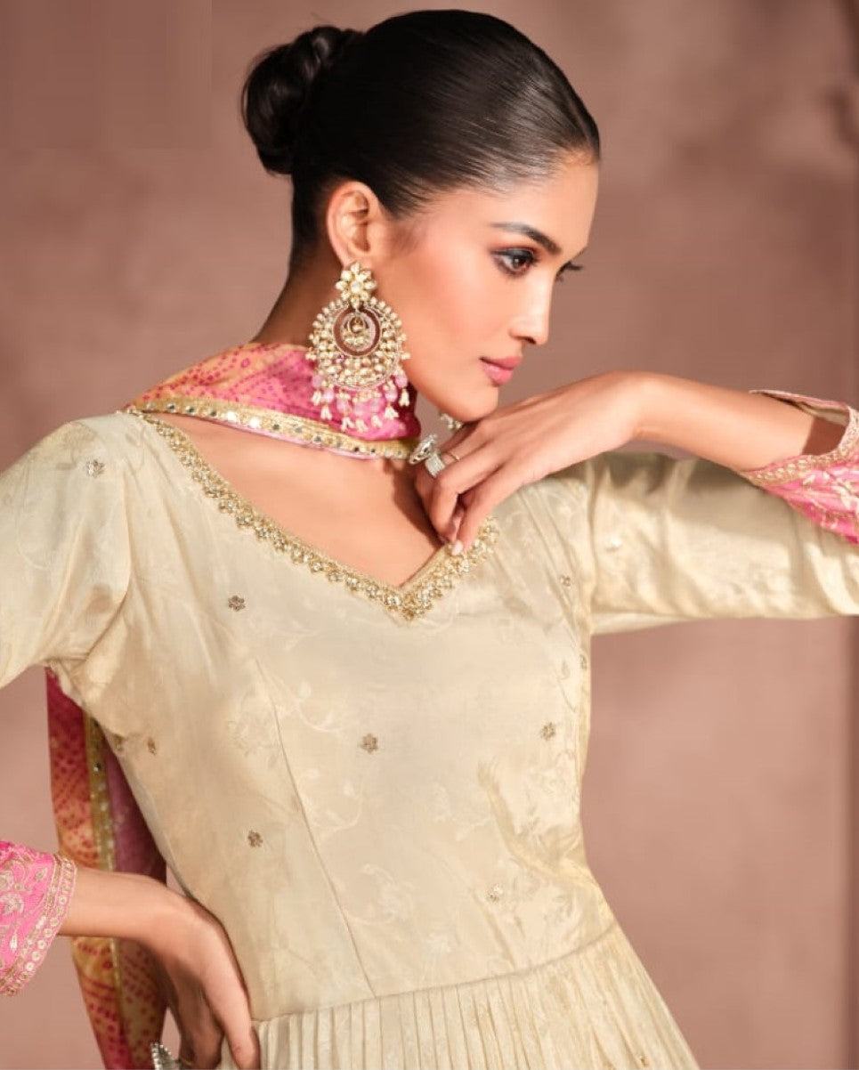 Anaita Off White & Pink Viscose Shimmer Embroidered Readymade Anarkali Suit - Distacart