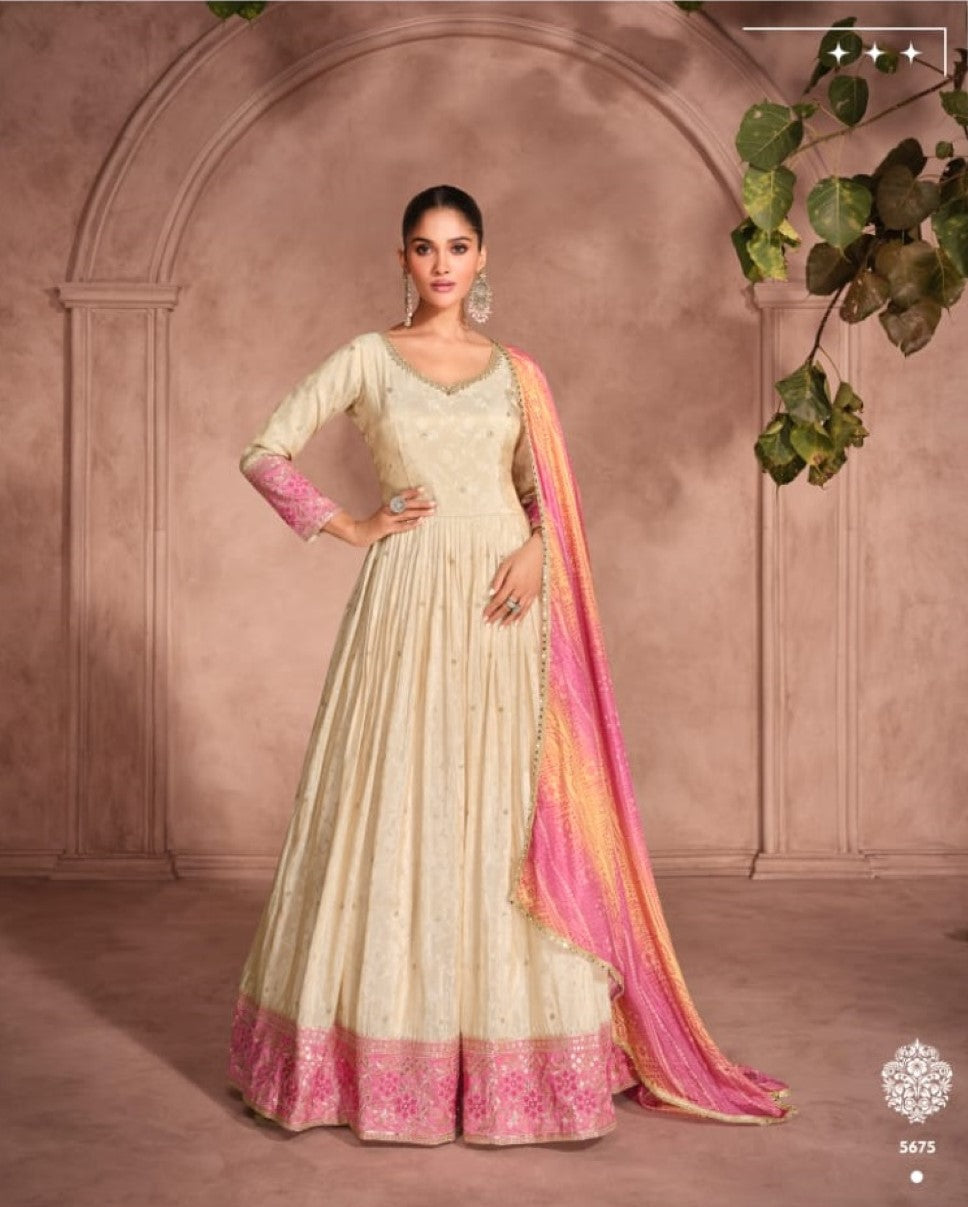 Anaita Off White & Pink Viscose Shimmer Embroidered Readymade Anarkali Suit - Distacart