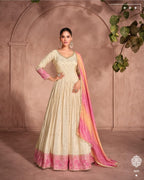 Anaita Off White & Pink Viscose Shimmer Embroidered Readymade Anarkali Suit - Distacart