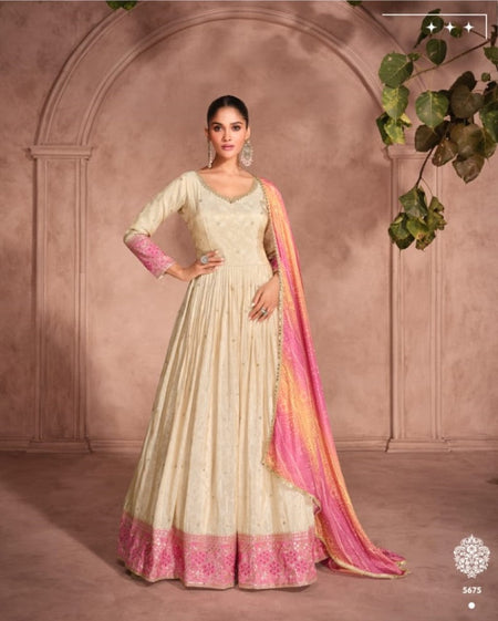Anaita Off White & Pink Viscose Shimmer Embroidered Readymade Anarkali Suit