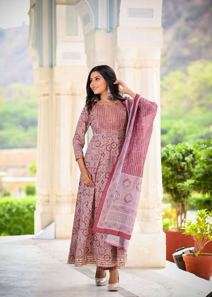 Yufta Women Maroon Printed Kurta with Palazzo and Dupatta