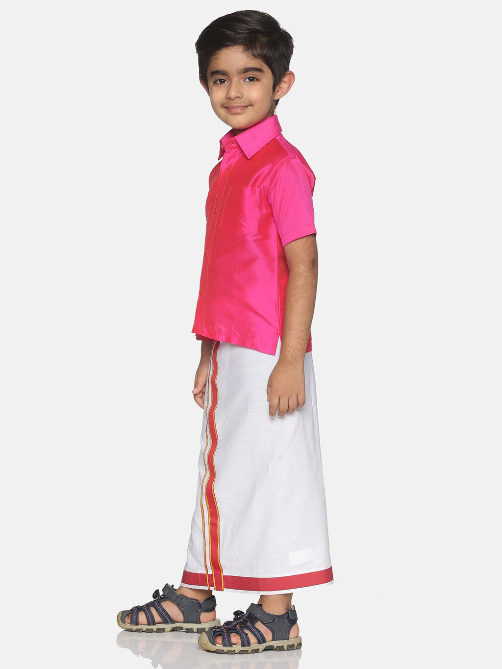 Sethukrishna Pink & White Solid Shirt and Veshti Set