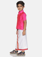 Sethukrishna Pink & White Solid Shirt and Veshti Set