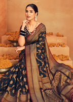 Monjolika Fashion Navy Blue Georgette Woven Festival Designer Saree