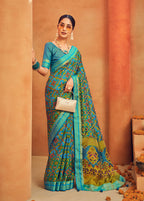 Monjolika Fashion Aqua Blue Georgette Printed Festival Designer Saree