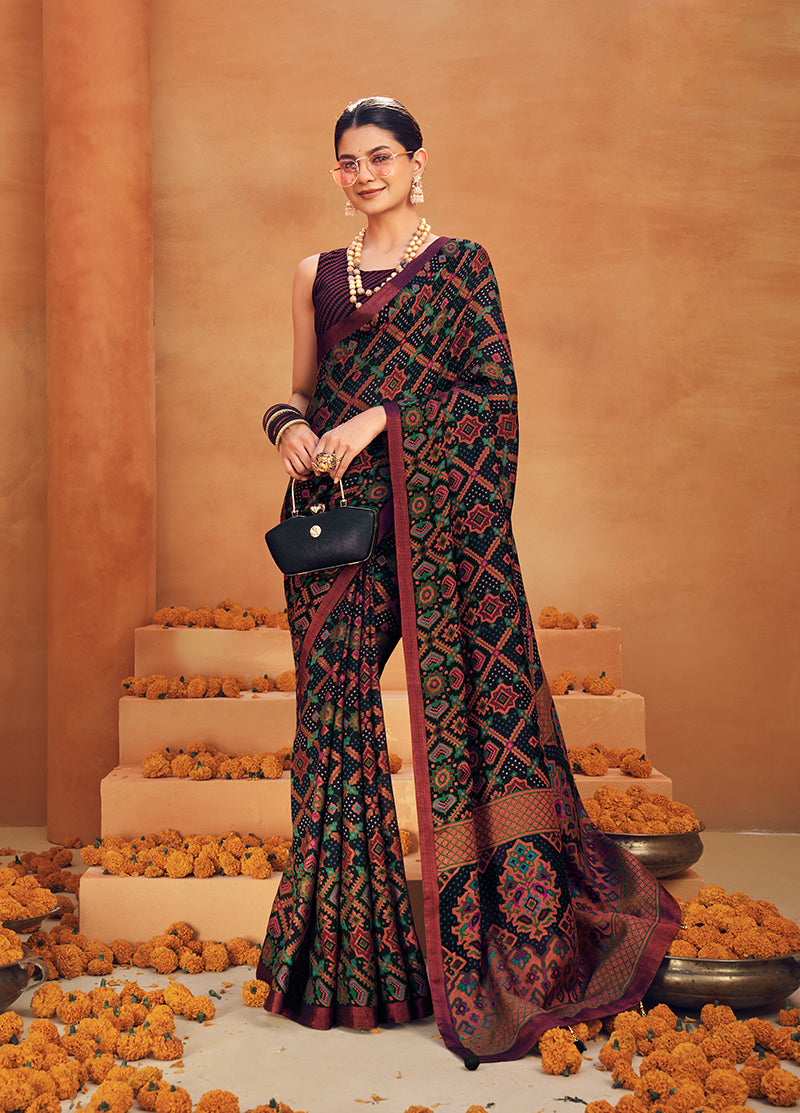 Monjolika Fashion Black Georgette Printed Festival Designer Saree