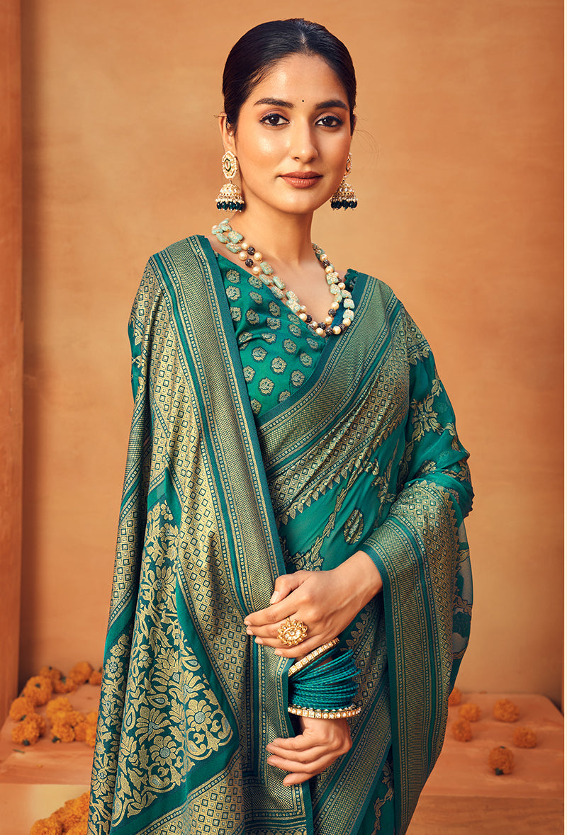 Monjolika Fashion Teal Georgette Woven Festival Designer Saree