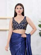 Joban Fashion Navy-Blue Mulberry Silk Sleeveless Back Open Blouse