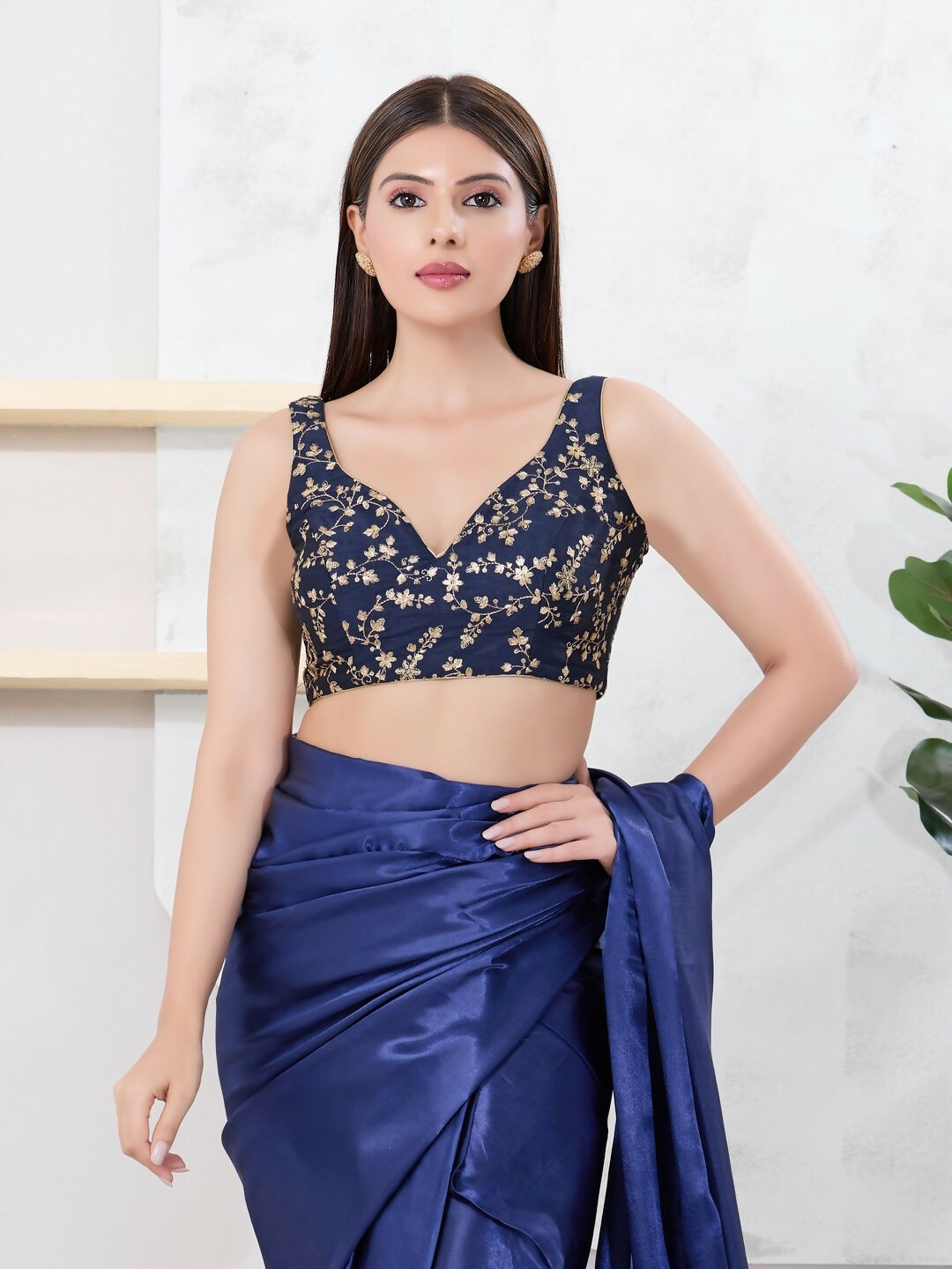Joban Fashion Navy-Blue Mulberry Silk Sleeveless Back Open Blouse