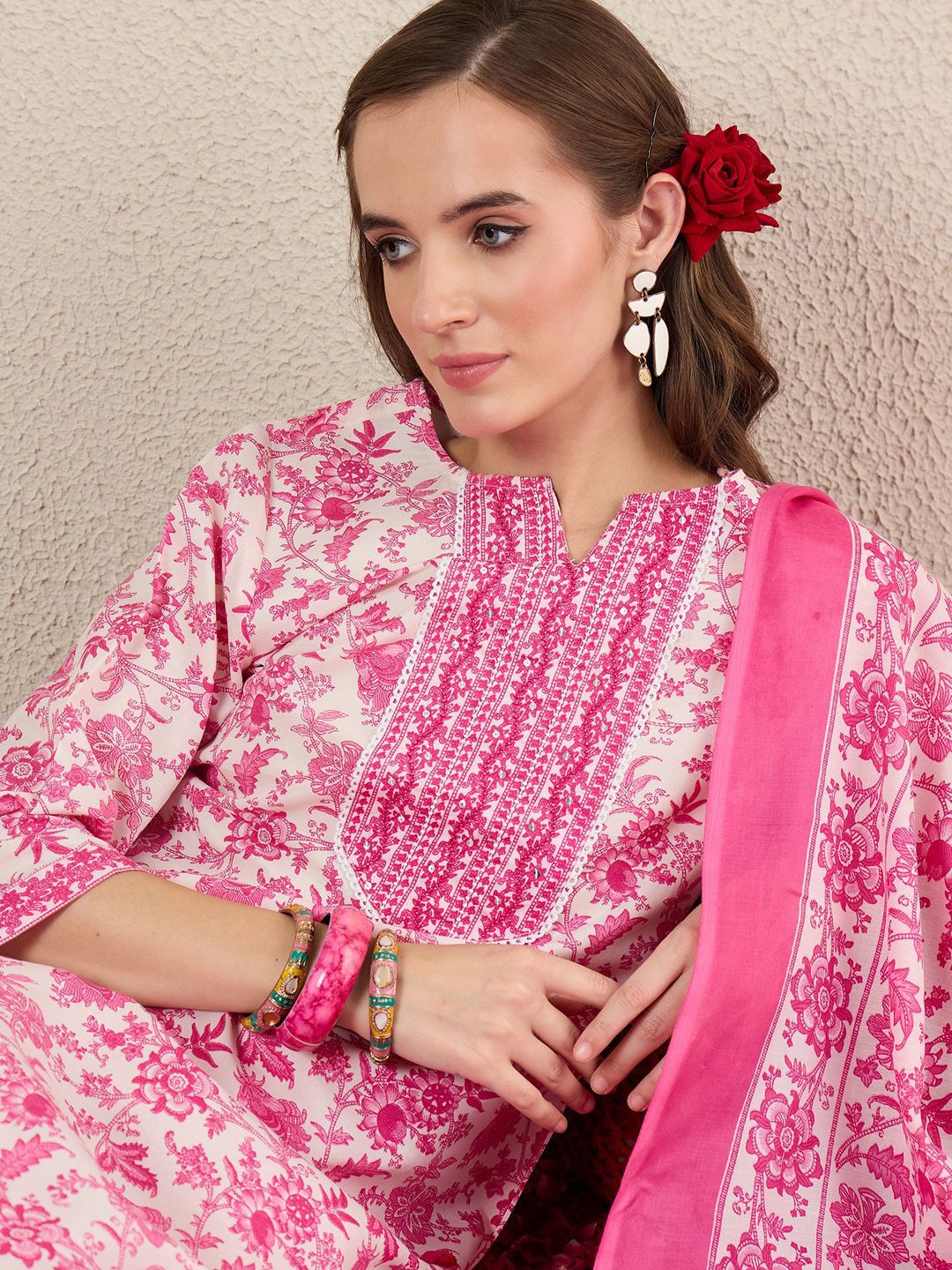 Indo Era Women Floral Printed Kurta with Trousers & Dupatta - Distacart