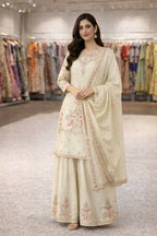 Teeya Creation Cream Chinnon Designer Embroidery Work Party Wear Salwar Suit - Distacart