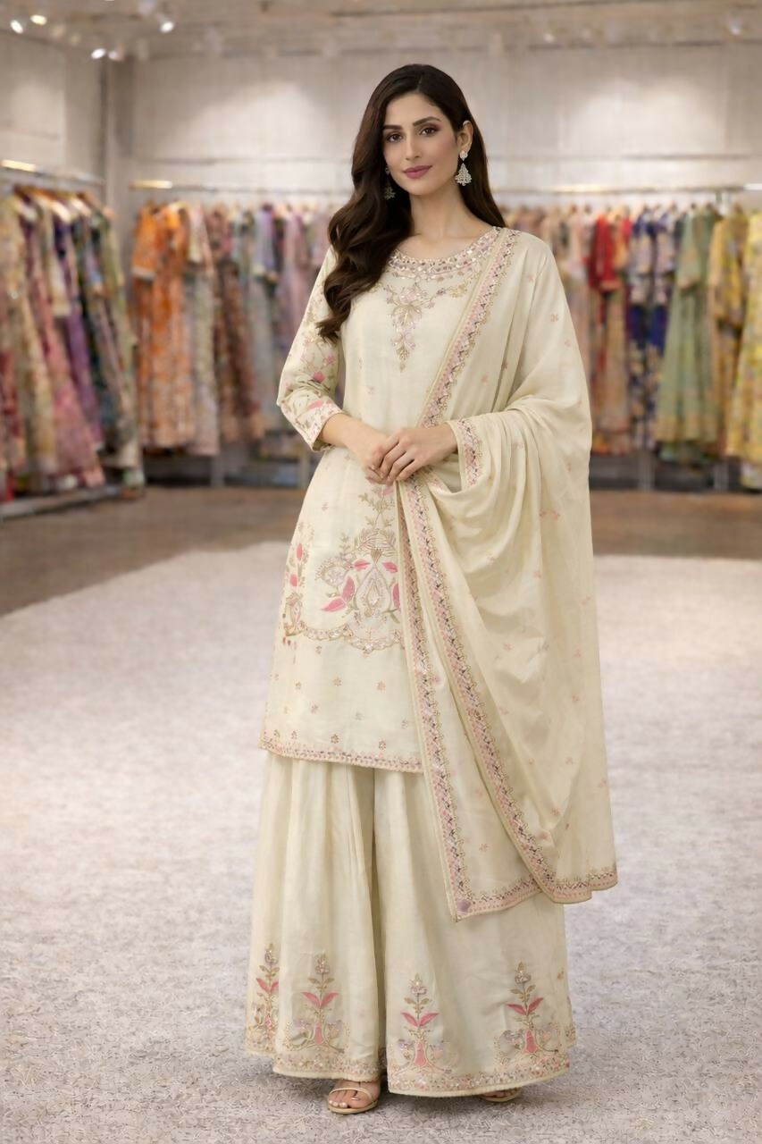 Teeya Creation Cream Chinnon Designer Embroidery Work Party Wear Salwar Suit - Distacart