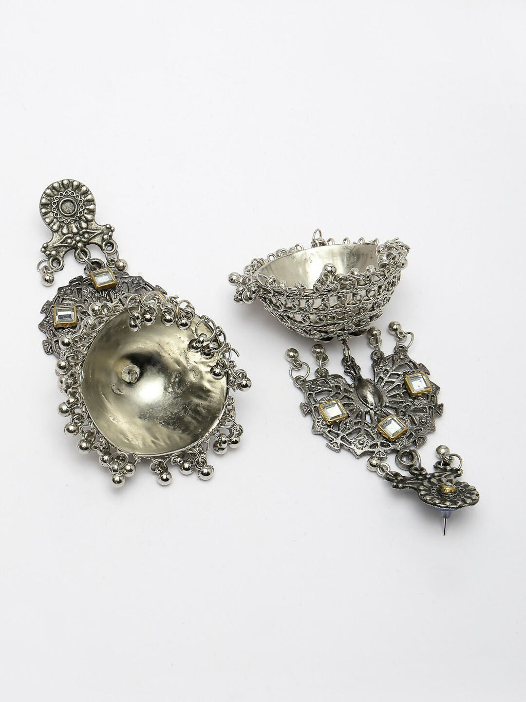 NVR Women's Silver Plated Mirror Work Oxidised Contemporary Jhumka Earrings - Distacart