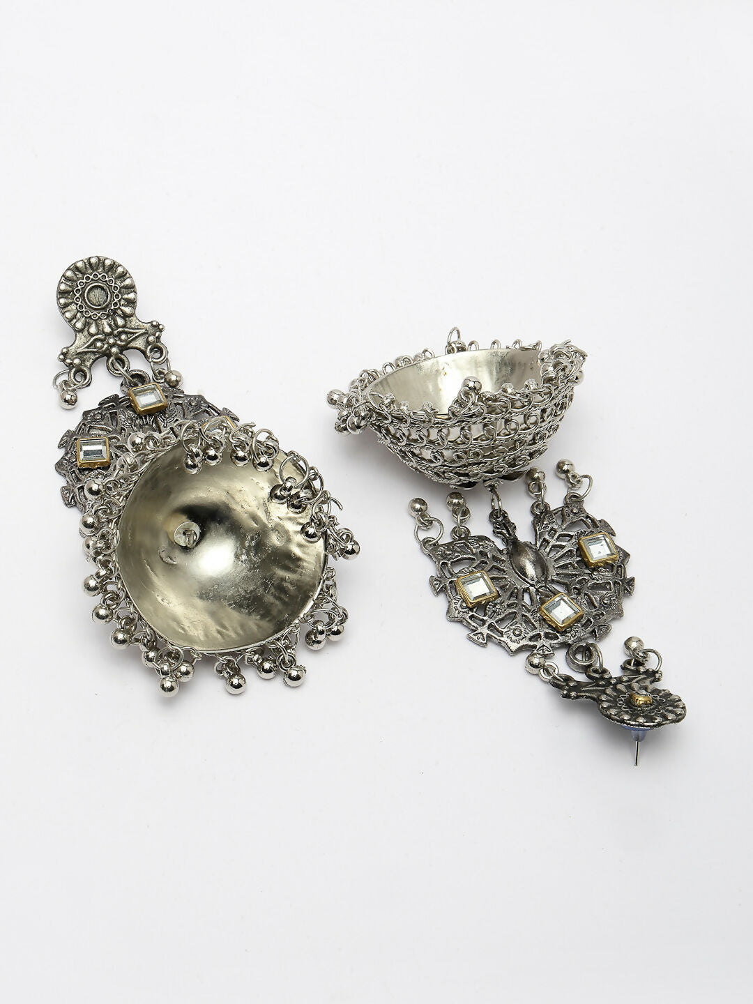 NVR Women's Silver Plated Mirror Work Oxidised Contemporary Jhumka Earrings - Distacart