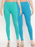 TAG 7 Women Pack of 2 Blue & Green Solid Comfort-Fit Ankle-Length Leggings
