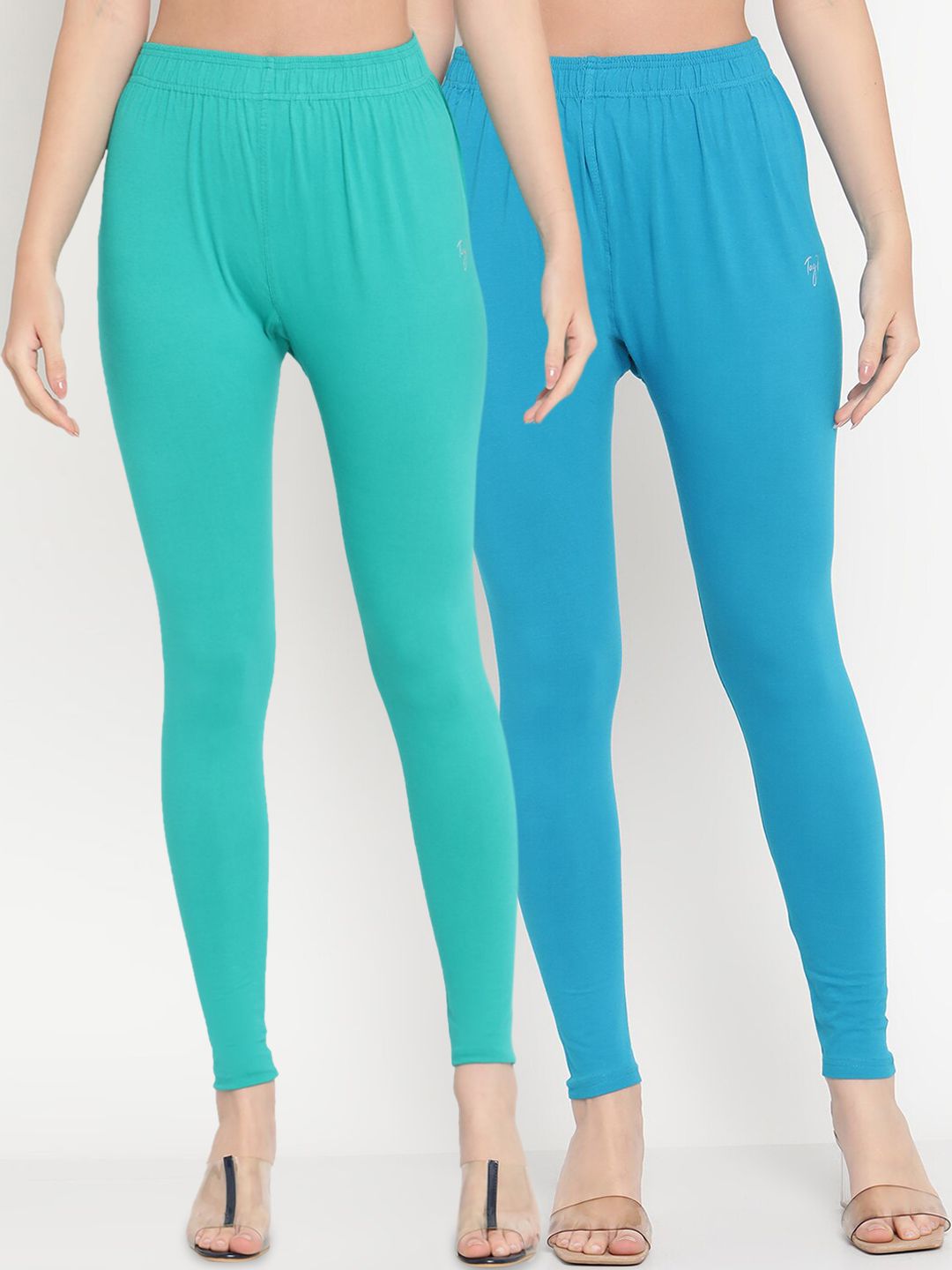 TAG 7 Women Pack of 2 Blue & Green Solid Comfort-Fit Ankle-Length Leggings