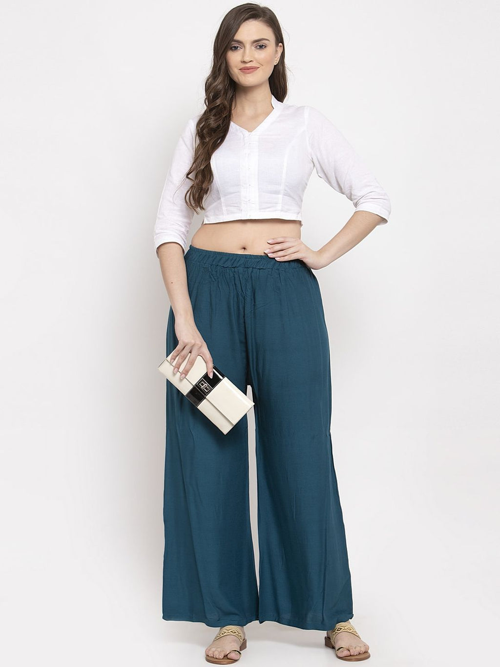 TAG 7 Women Set Of 2 Navy Blue & Peach-Coloured Solid Wide Leg Palazzos