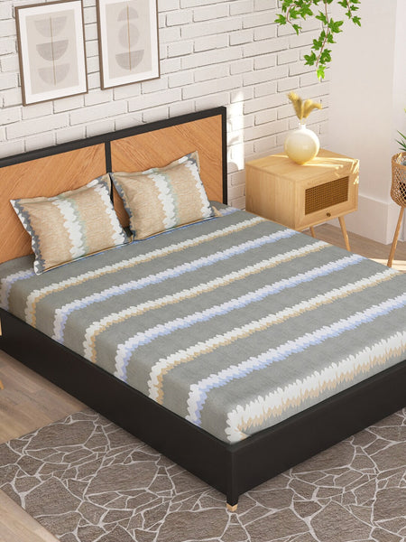 Story@home Grey & Peach-Coloured Striped 180 TC Queen Bedsheet With 2 Pillow Covers