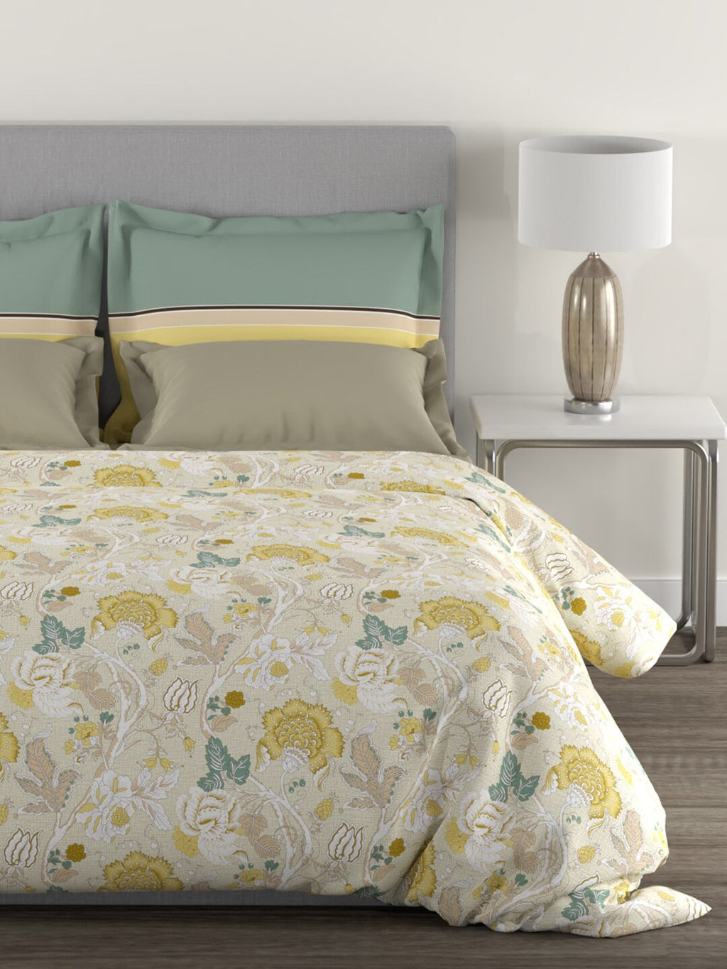 MYTRIDENT Yellow White Floral Cotton 144 TC Queen Bedsheet With 2 Pillow Covers