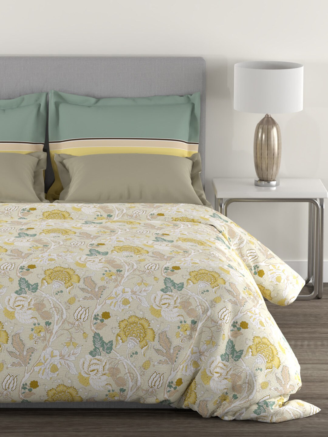 MYTRIDENT Yellow White Floral Cotton 144 TC Queen Bedsheet With 2 Pillow Covers