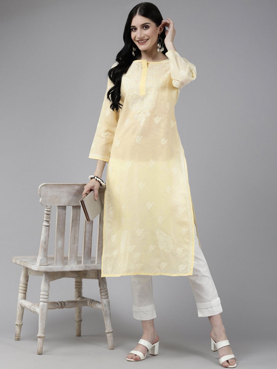 ADA Women Cream-Coloured & White Ethnic Motifs Embroidered Chikankari Cotton Kurta
