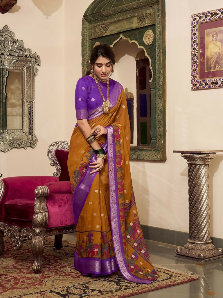 Vastranavya Mustard Poly Cotton Kalamkari Printed Saree with Unstitched Blouse
