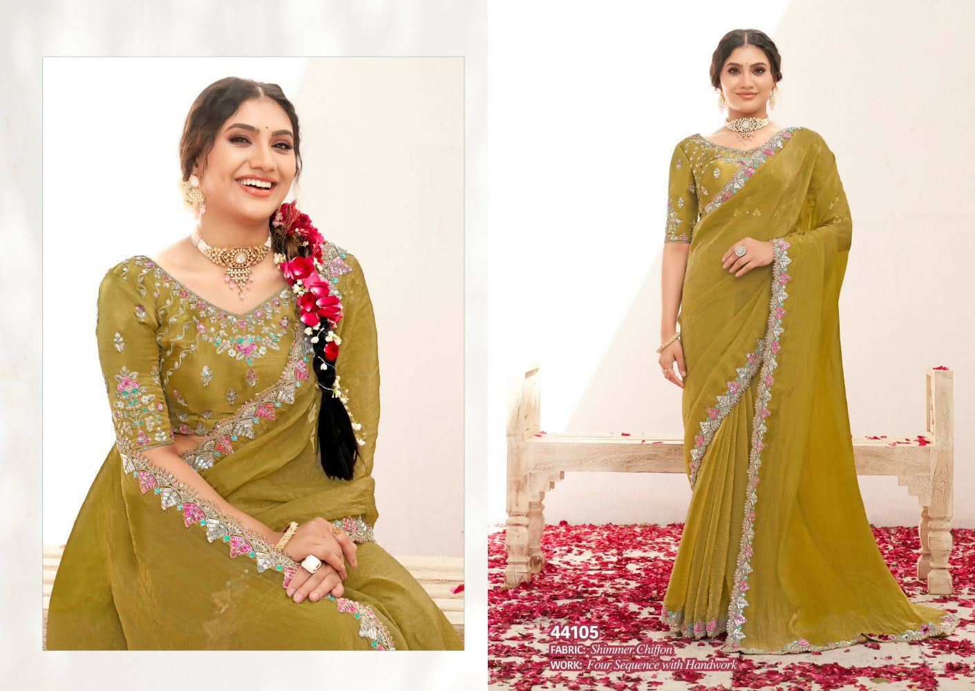Musterd Shimmer Chiffon Handwork Saree with Unstitched Blouse - Norita Varya