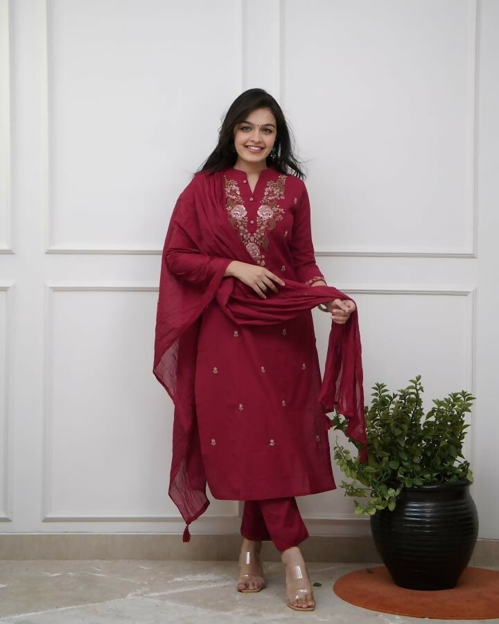 The52 Women's Beautiful Rayon Slub Fabric Embroidery Work Straight Kurta Pant and Dupatta Set - Distacart