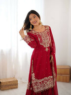 The52 Women's Beautiful Faux Georgette Fabric Embroidery Work Straight Kurt Sharara and Dupatta Set - Distacart