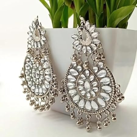 Tehzeeb Creations Women's Silver Colour Earrings With Kundan And Ghungroo Work - Distacart