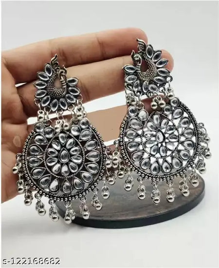Tehzeeb Creations Women's Silver Colour Earrings With Kundan And Ghungroo Work